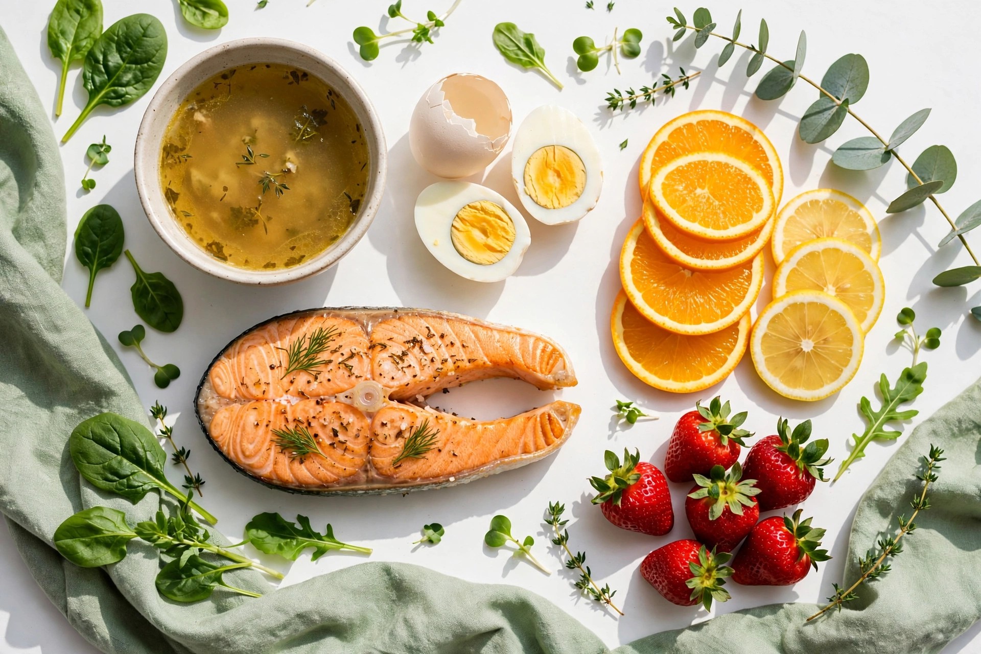 A bright, fresh flat lay of collagen-supporting foods including bone broth, eggs, salmon, citrus fruit, and leafy greens on a white background with green accents.