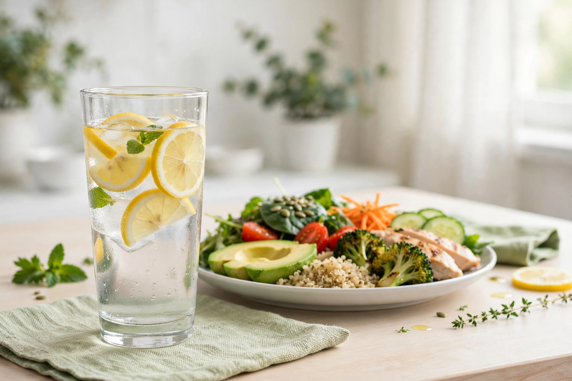 A tall glass of lemon and mint infused water beside a healthy balanced meal bowl with chicken, quinoa and vegetables on a bright table