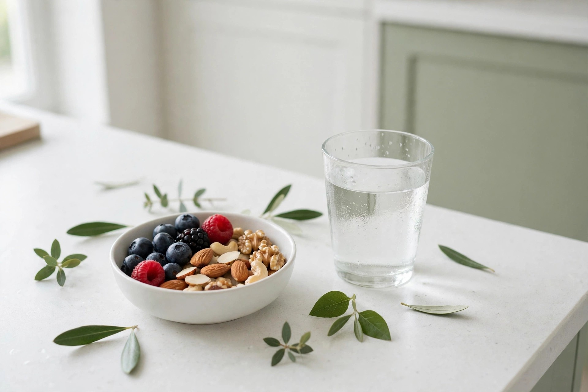 Ein Glas Wasser neben einer kleinen Schale mit frischen Beeren und Nüssen auf einer hellen Küchenarbeitsfläche, eine einfache gesunde Snackwahl.