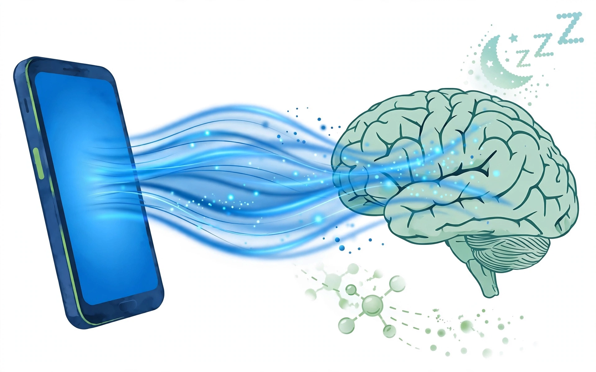 Illustration of blue light waves flowing from a smartphone into a human brain, with a moon and zzz sleep icon nearby