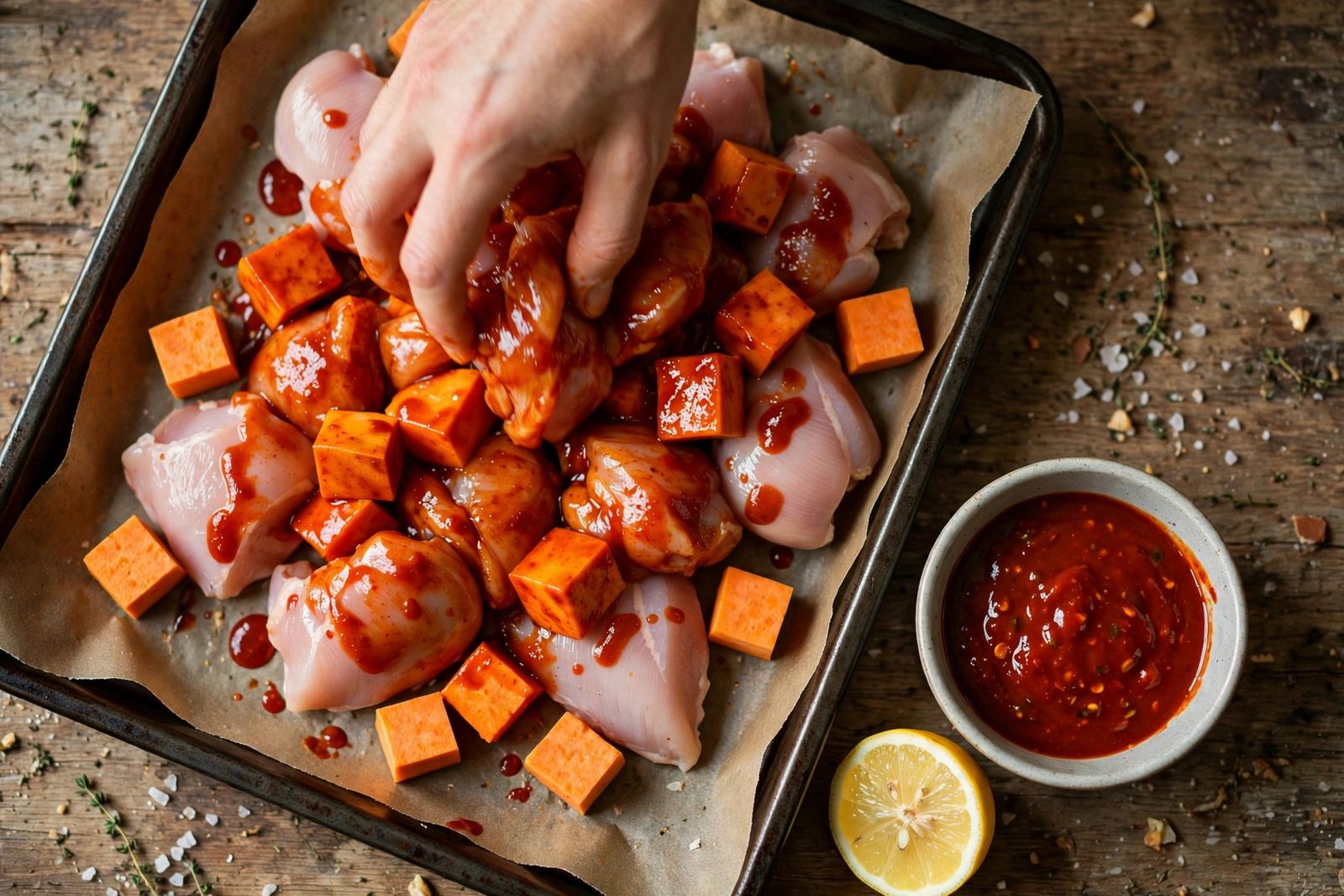 Step 1 — Light Peri Peri Chicken & Sweet Potato Traybake