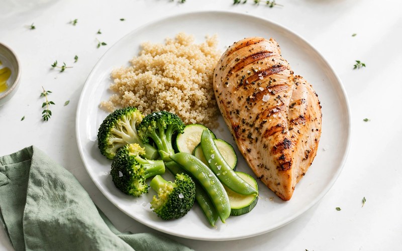 High-protein meal with grilled chicken, eggs, lentils and colorful vegetables