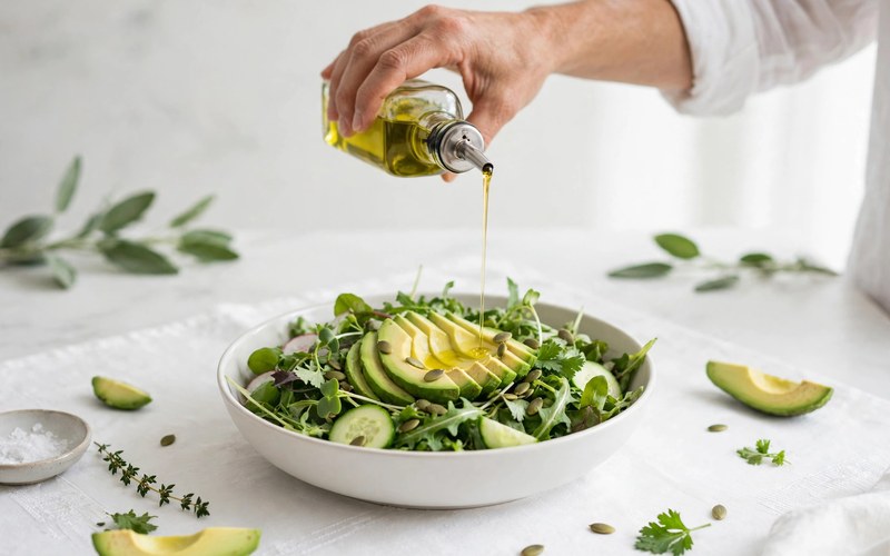 Olive oil being drizzled over a green salad with avocado slices.