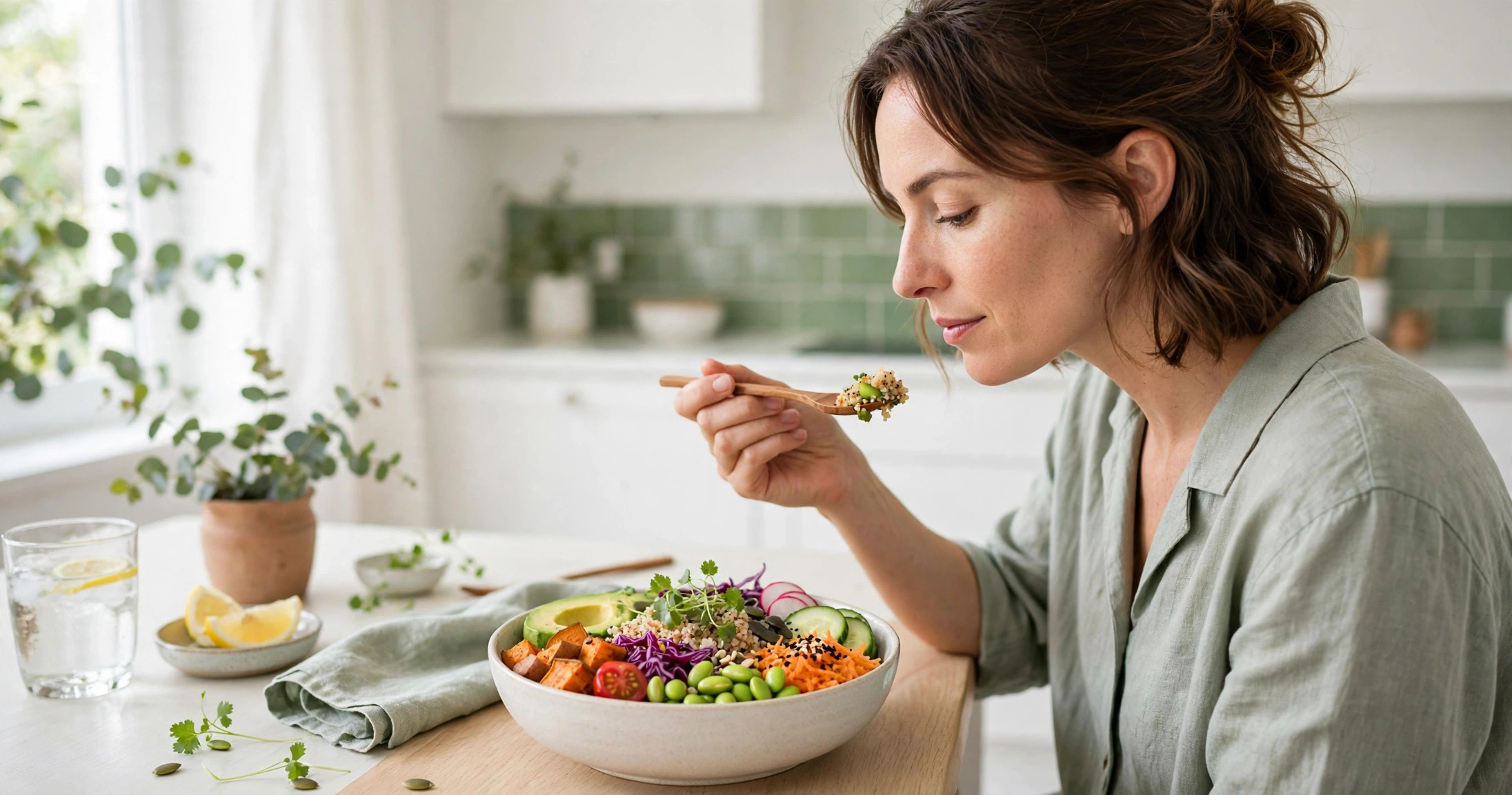 Person eating a colorful healthy bowl slowly and mindfully at a table
