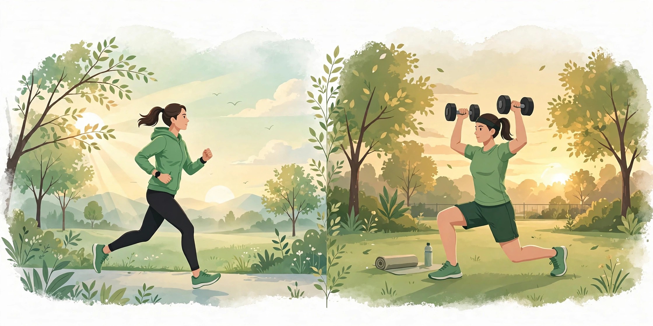 Bright split-scene illustration of a person jogging outdoors at sunrise on one side and training in warm evening light on the other, in a clean white and green style