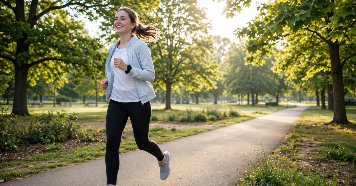 Beginner runner jogging on a sunny park path in the morning.