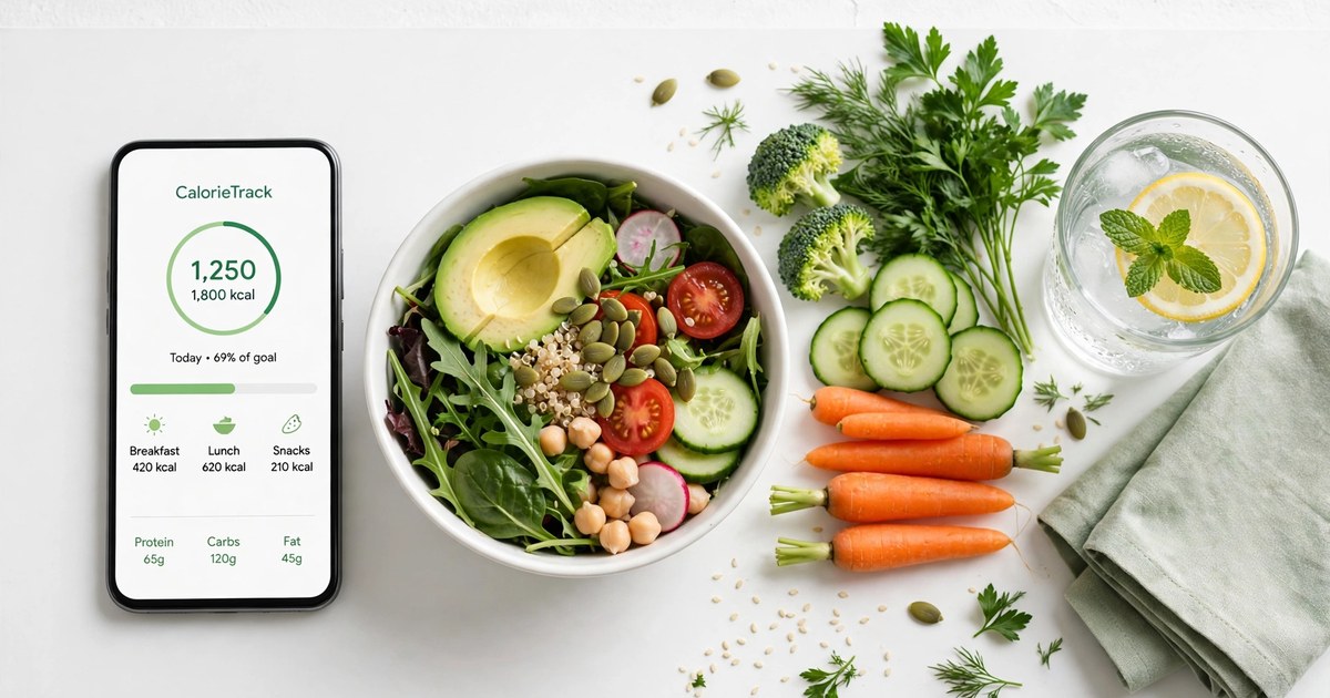 Smartphone with a calorie counter app next to a healthy lunch bowl on a white table.