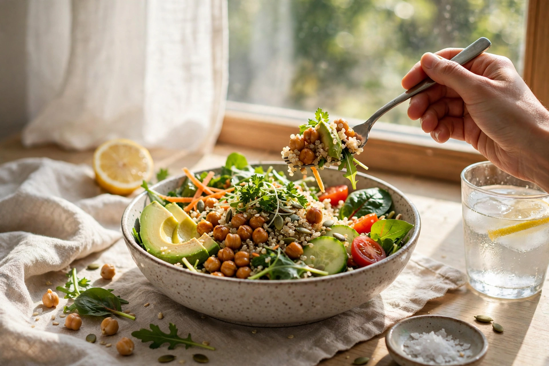 Hand, die eine Gabel aus einer Quinoa-Kichererbsen-Lunchschale mit Avocado und Gemüse neben Zitronenwasser hebt