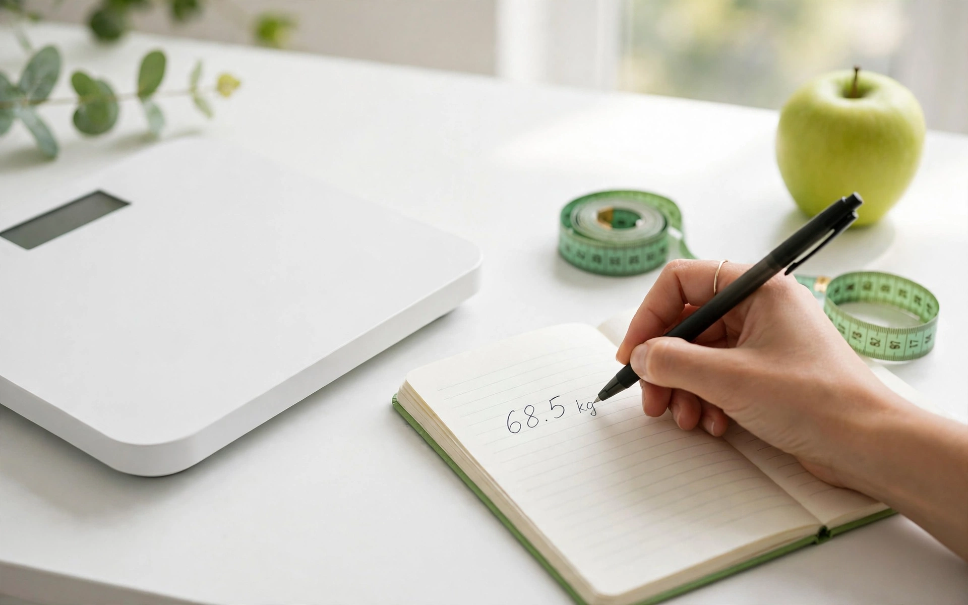 Tracking weight in a notebook next to a bathroom scale