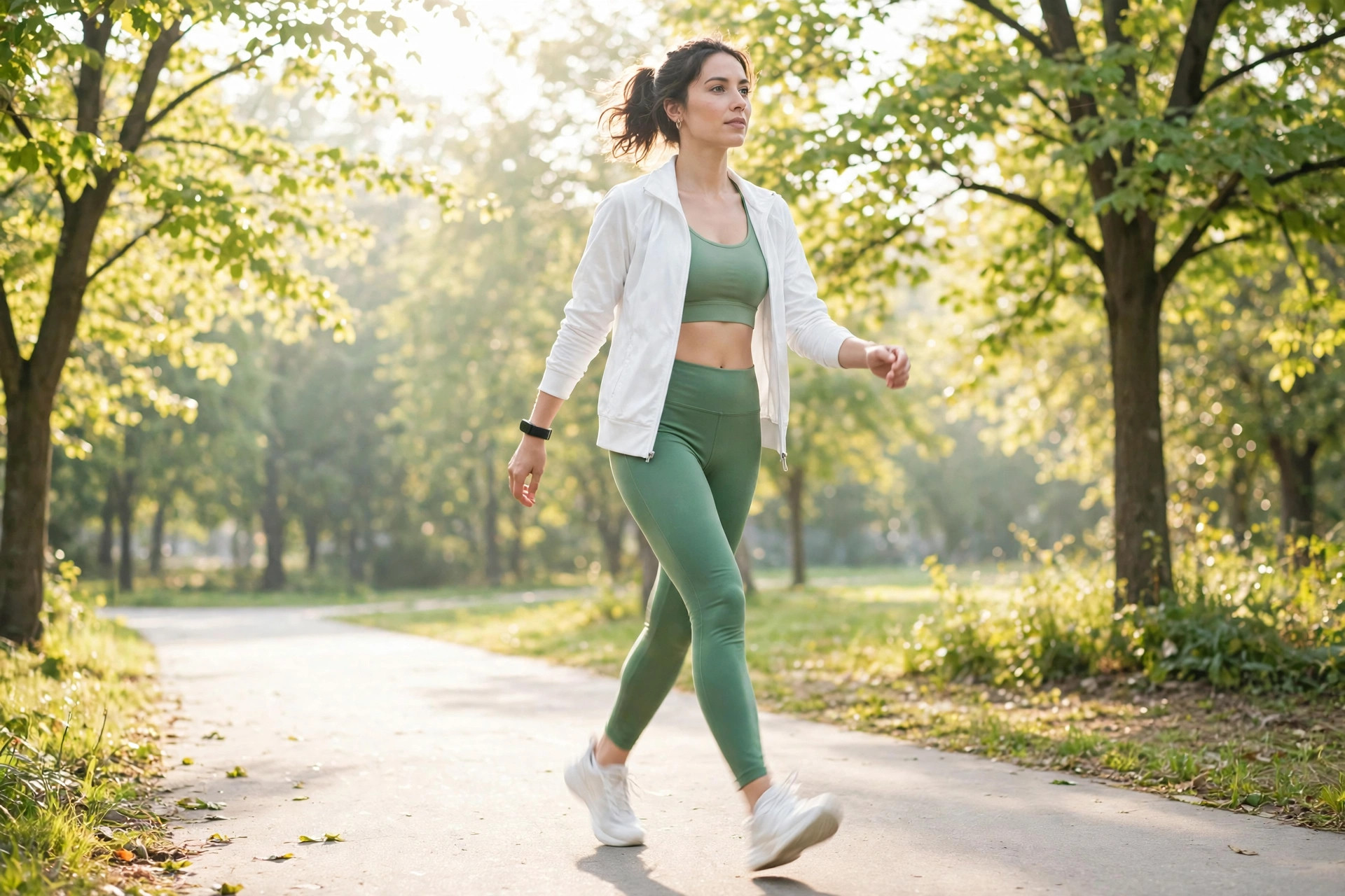 Person walking briskly on an outdoor park path in athletic clothes and sneakers, with soft morning light, representing a beginner weight-loss walking routine