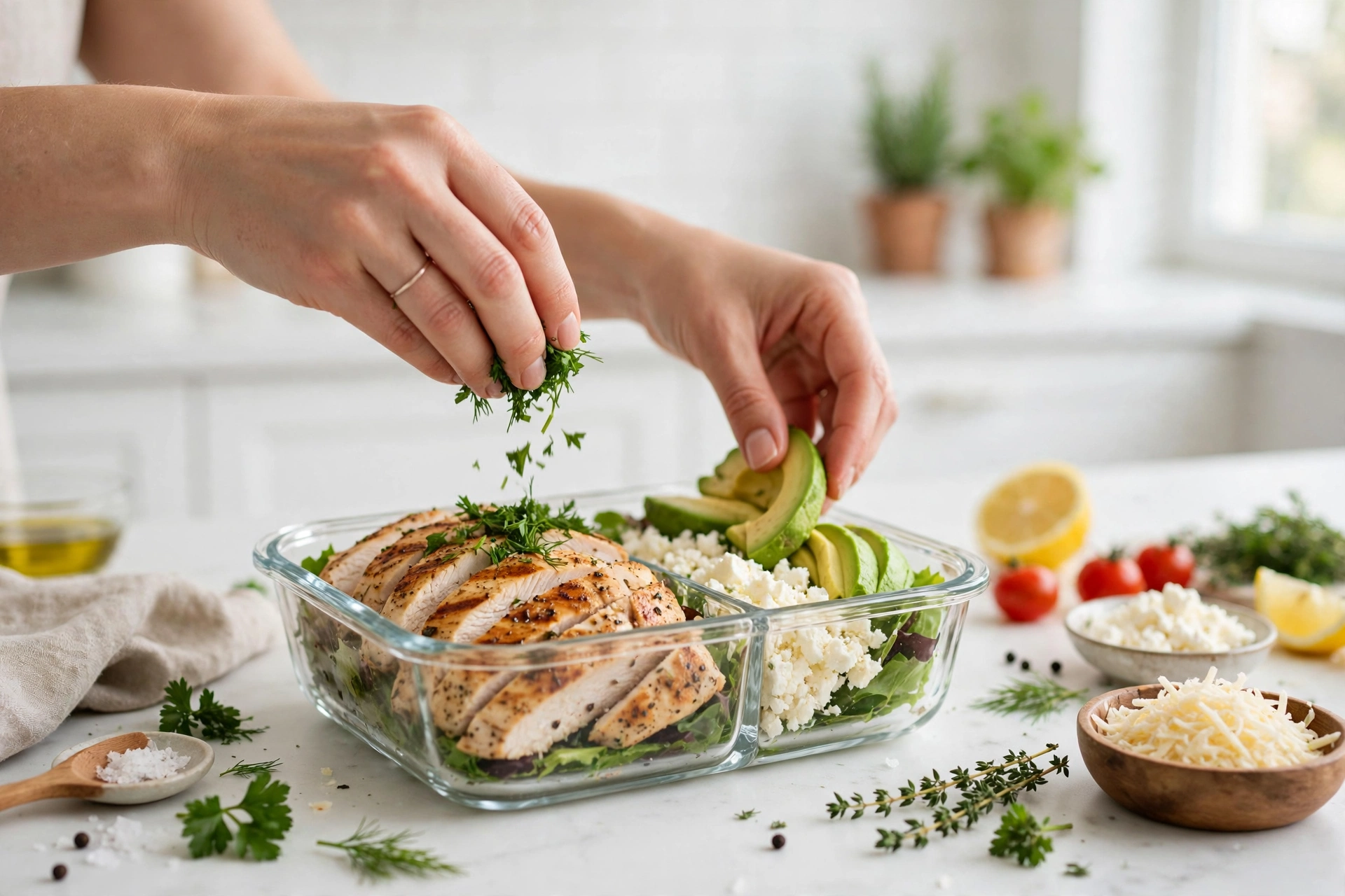 Hands preparing a low-carb keto meal-prep bowl with grilled chicken, avocado, and cheese