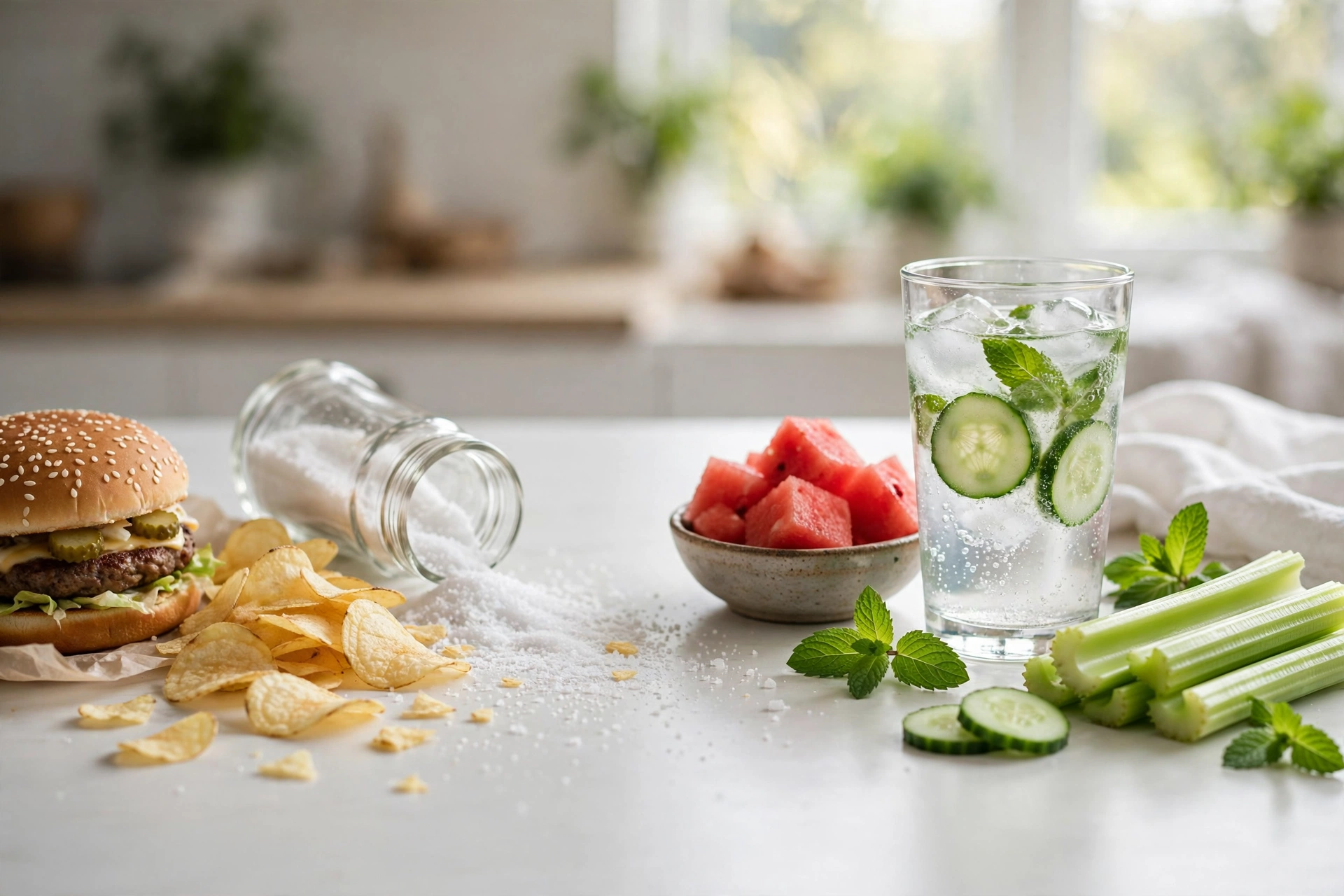 A salt shaker tipped over and spilling salt next to a burger and potato chips, contrasted with a glass of cucumber-mint water, a bowl of watermelon cubes, and celery stalks on a bright white table — high-sodium vs hydrating foods for water retention