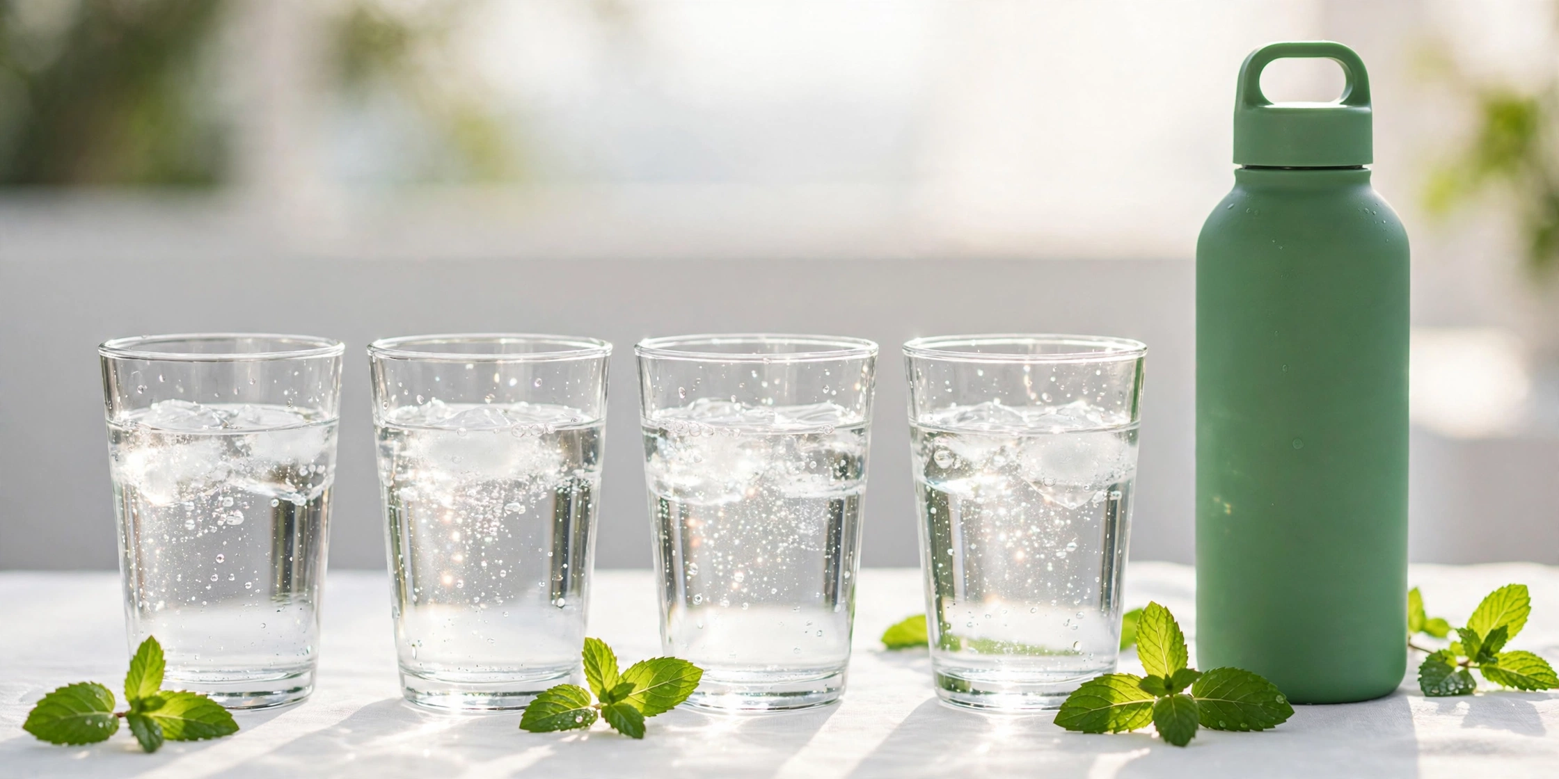 A glass of water being poured on a bright table in natural light.
