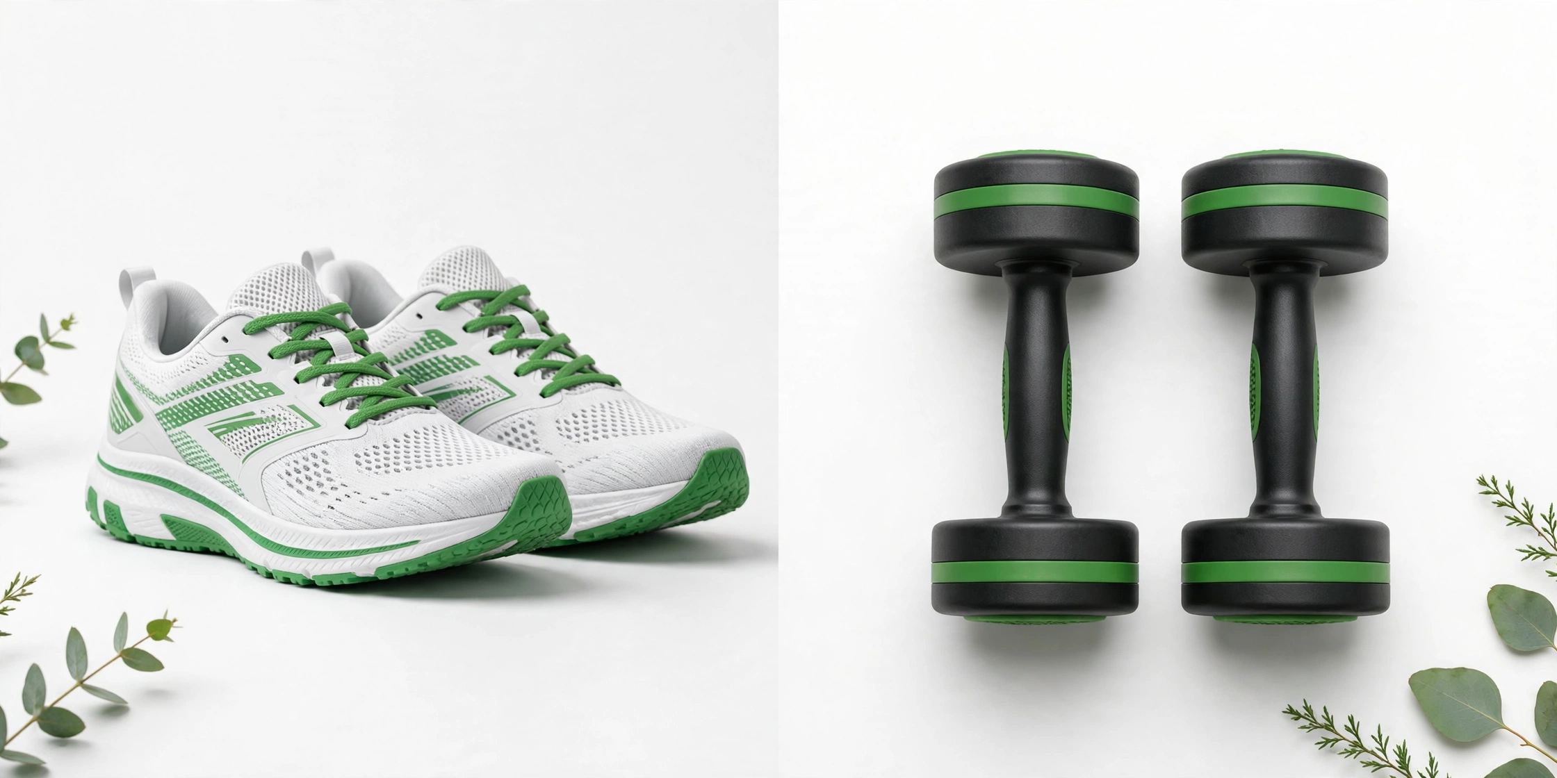 Split comparison of running shoes and dumbbells on a bright background representing cardio versus strength training for fat loss