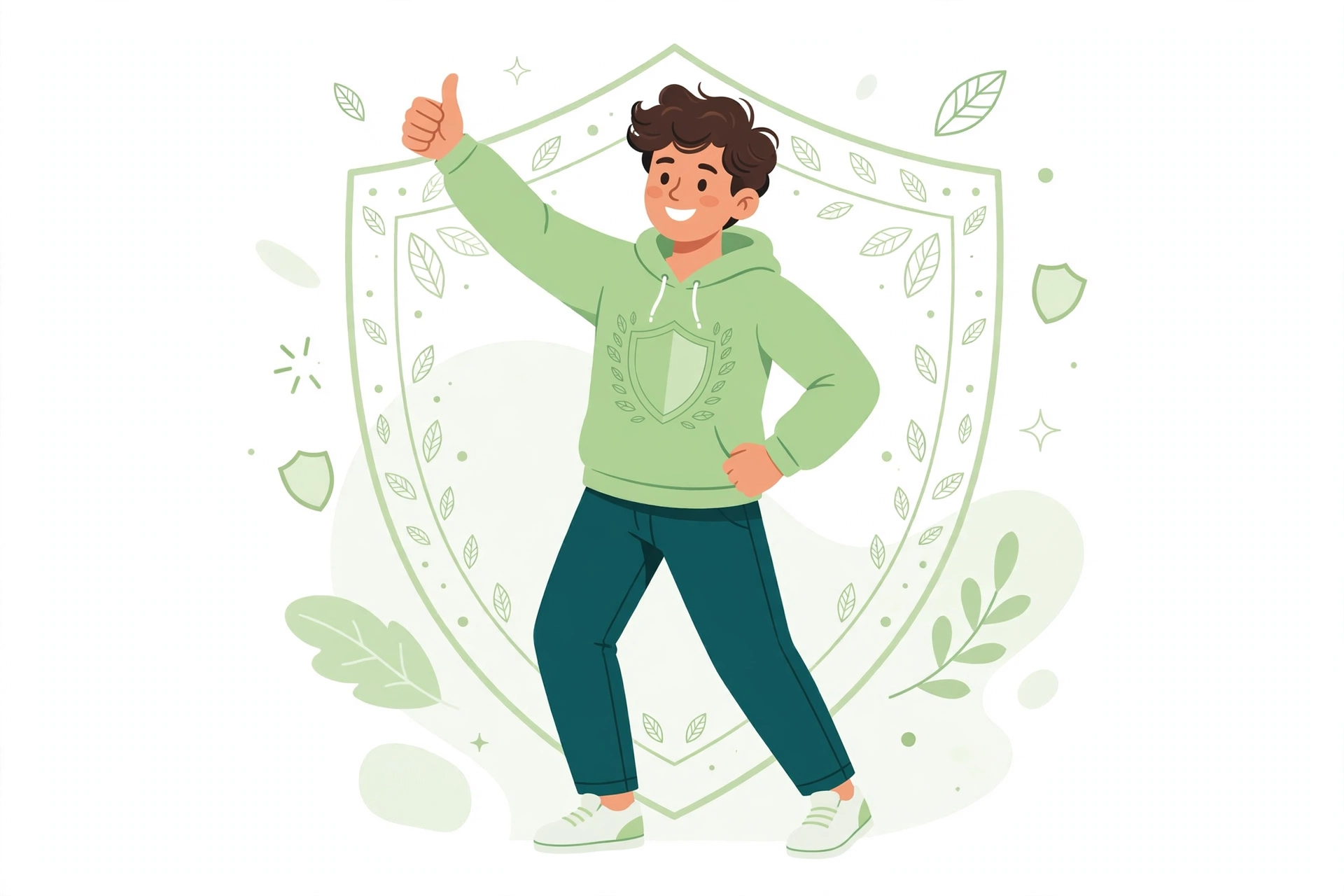 Illustration of a cheerful young man giving a thumbs-up in front of a shield, symbolizing immune protection supported by zinc