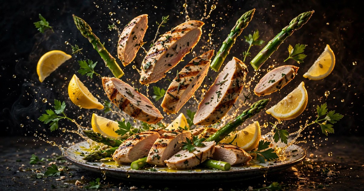 Explosive-action shot: sliced lemon herb grilled chicken, green asparagus spears, lemon wedges, parsley leaves, and golden olive-oil droplets flying mid-air above a serving plate — dark moody background with golden rim lighting.