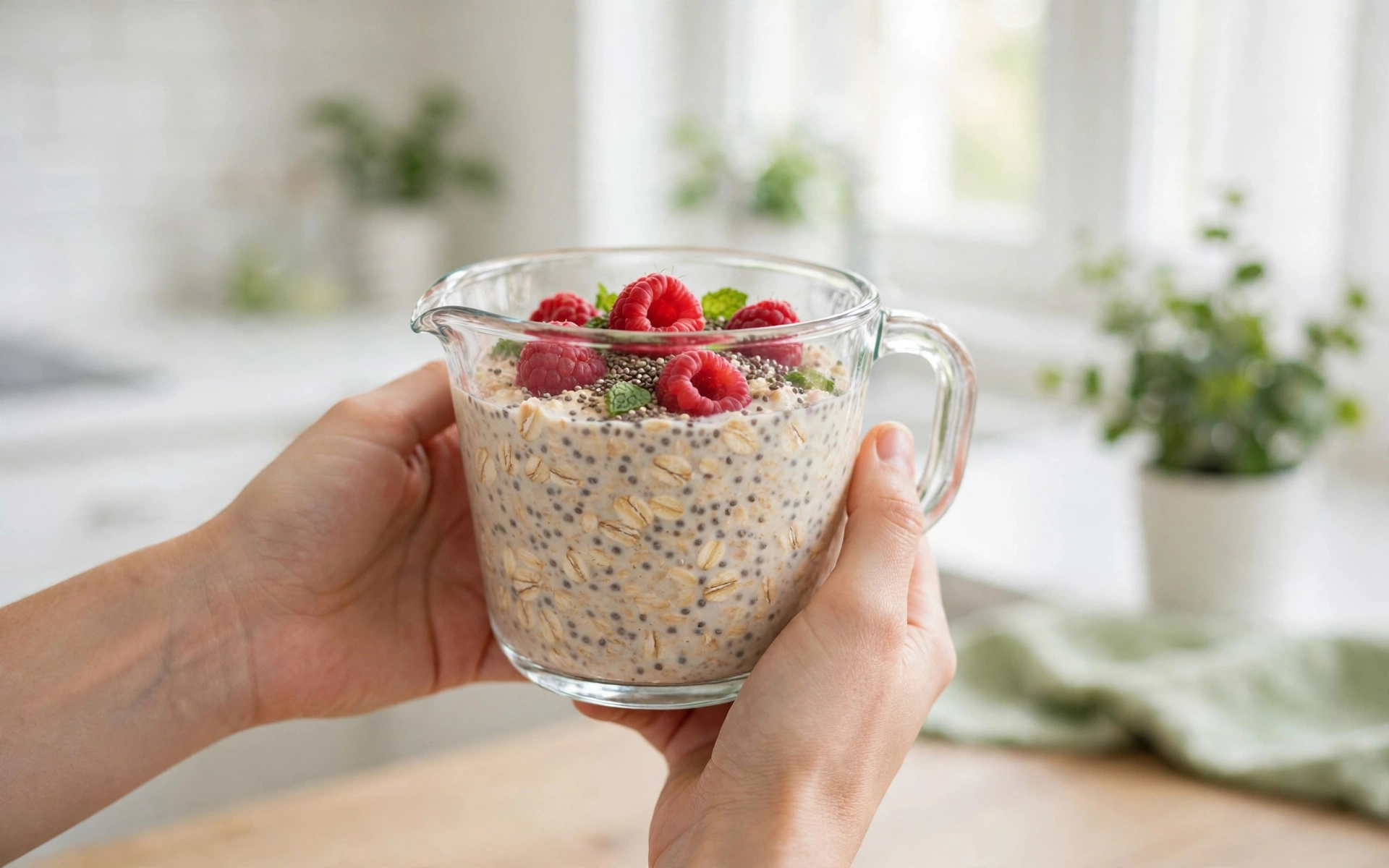 Overnight oats with raspberries and chia seeds