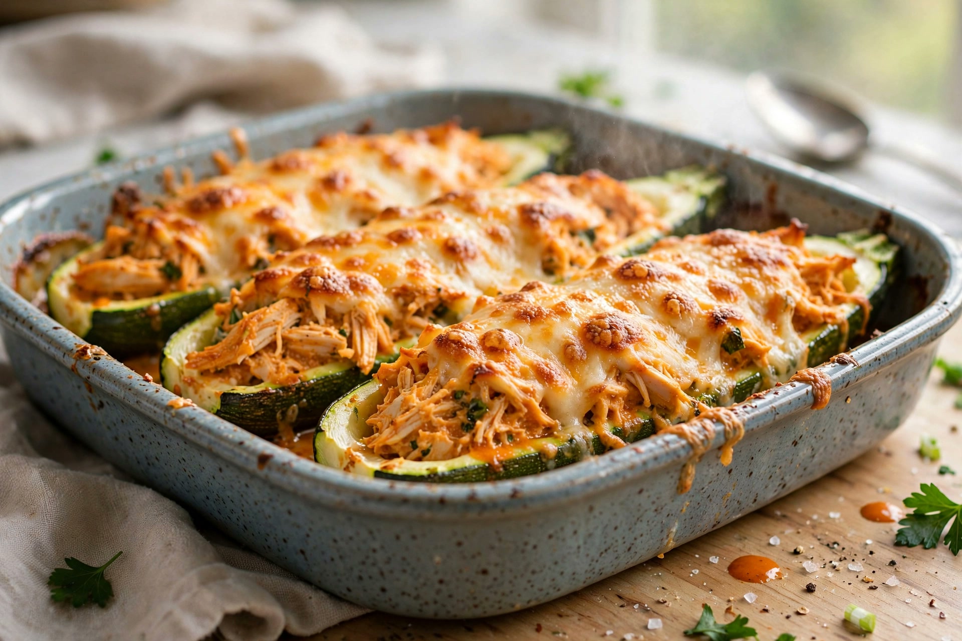 Step 3 — Light Buffalo Chicken Stuffed Zucchini Boats
