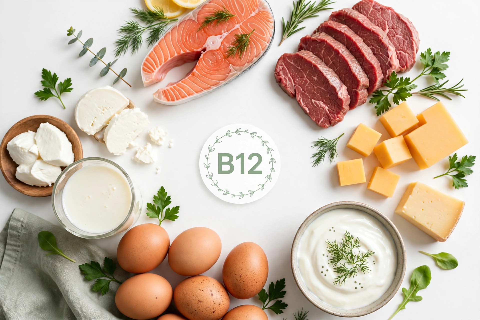 Flat-lay of vitamin B12-rich foods — salmon, beef, eggs, cheese, milk and yogurt — arranged around a circular green B12 badge on a bright background