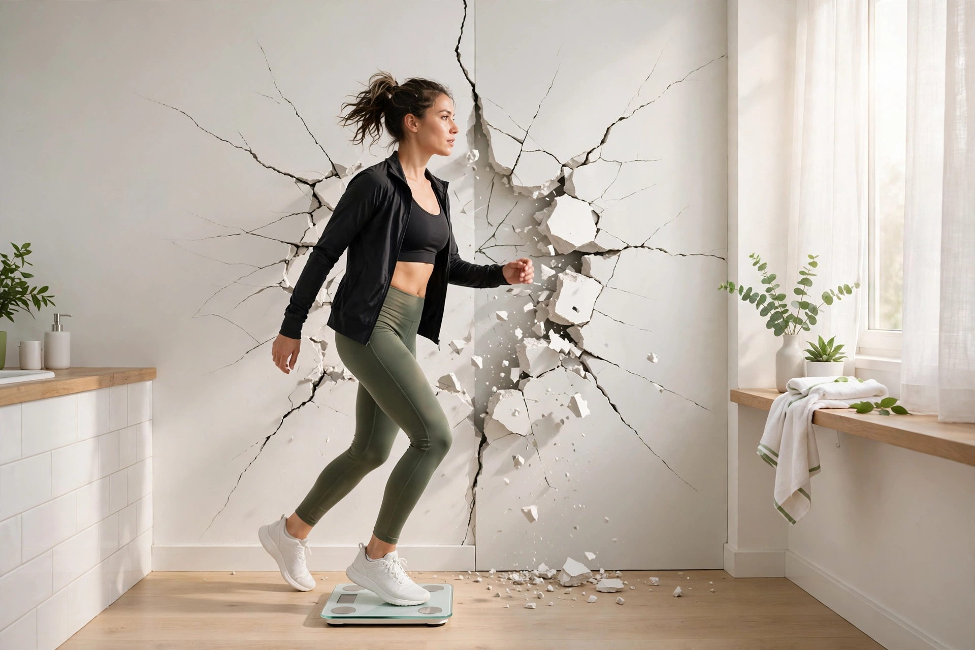 Person stepping on a bathroom scale, breaking through a weight loss plateau