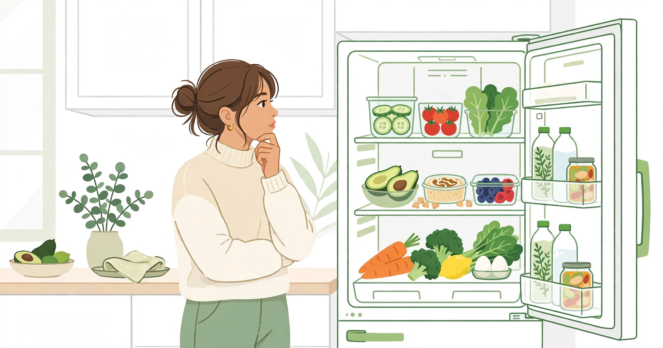 Illustration of a thoughtful woman in a cream sweater looking into an open refrigerator stocked with healthy foods — cucumbers, tomatoes, leafy greens, avocados, berries, carrots, broccoli, eggs, water bottles and jars — in a bright kitchen
