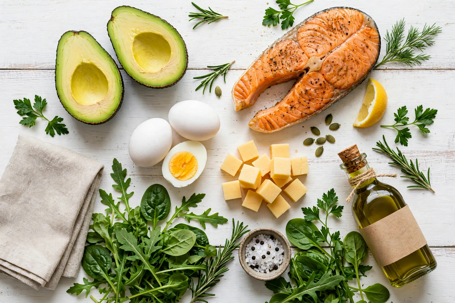 Flat-lay of keto diet foods including avocado halves, salmon steak, boiled eggs, cheese cubes, olive oil, and leafy greens on a white table