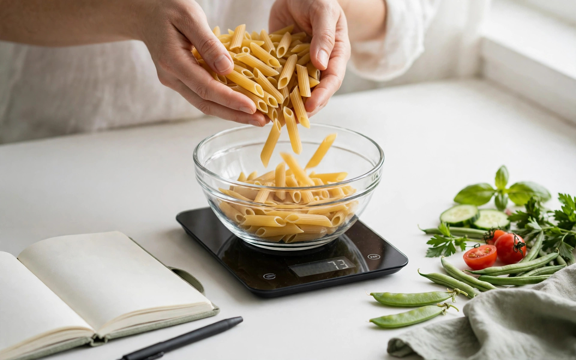 Hands pouring pasta into a bowl on a digital kitchen scale, with vegetables and an open food diary notebook nearby, showing accurate portion measuring