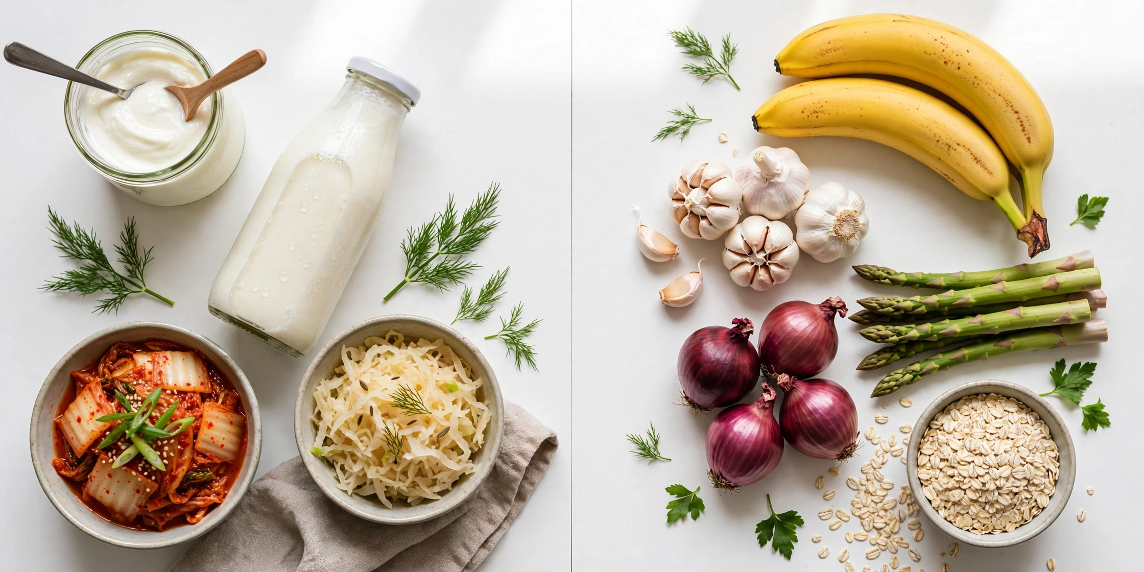 Split flat-lay comparison on a white table: on the left probiotic foods — an open jar of yogurt with spoons, a bottle of kefir, and bowls of kimchi and sauerkraut; on the right prebiotic foods — bananas, garlic bulbs, red onions, asparagus spears and a bo