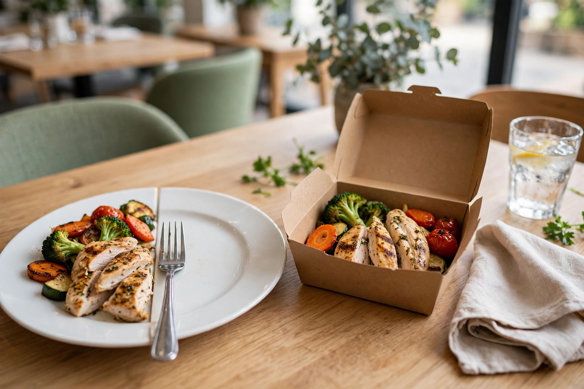 Une assiette à moitié terminée de poulet grillé et de légumes, le reste du repas emballé dans une boîte à emporter ouverte à côté — contrôler les portions en gardant la moitié pour plus tard