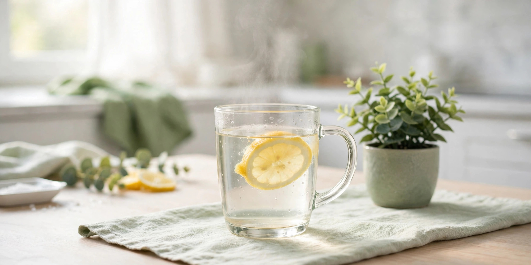 Steaming glass mug of warm water with a lemon slice on a bright kitchen table beside a small potted plant