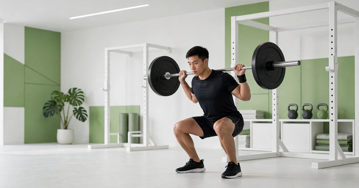 Athlete performing a barbell squat in a bright modern gym