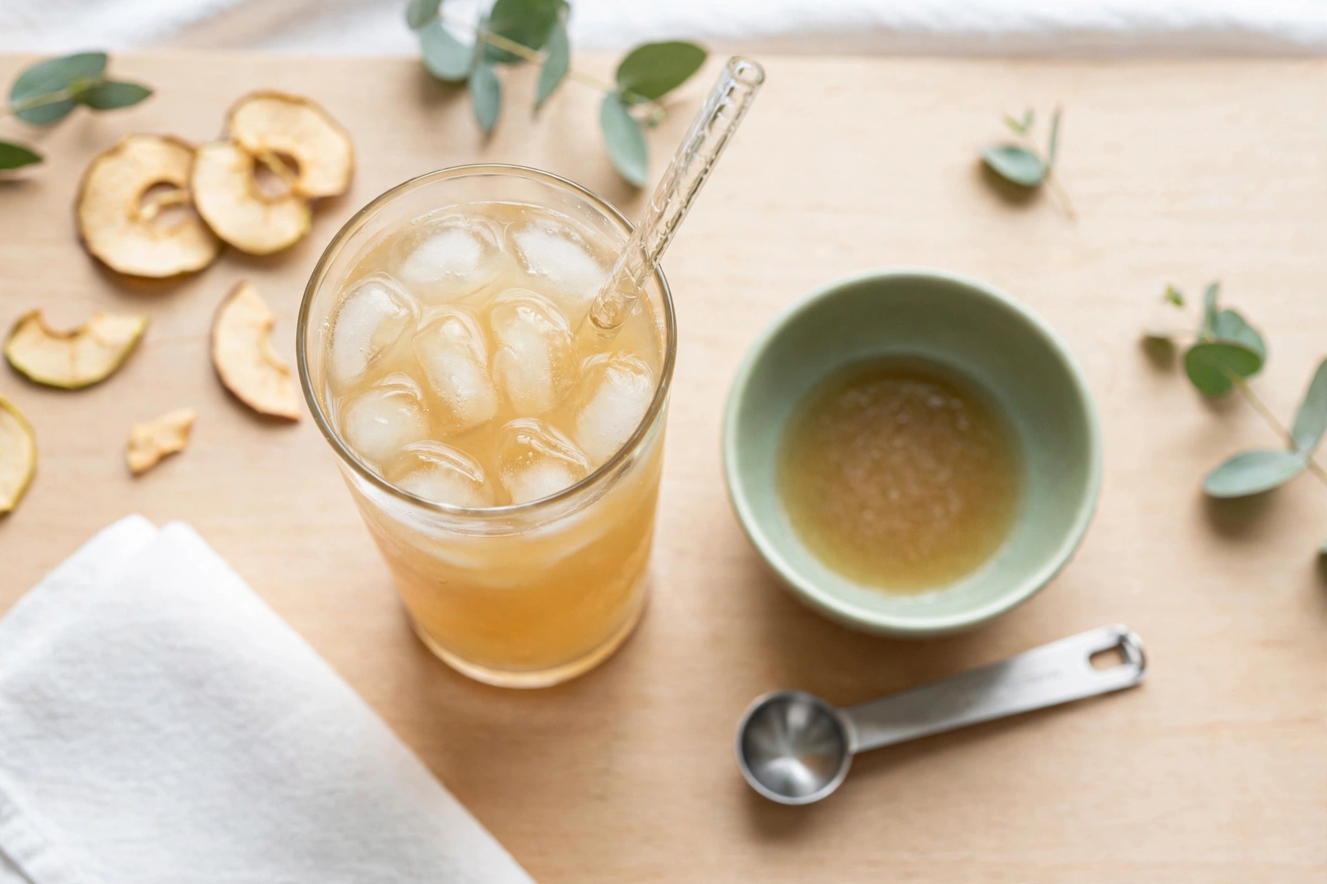 Vue plongeante d'un verre de boisson glacée au vinaigre de cidre avec paille, cuillère doseuse et tranches de pomme séchée