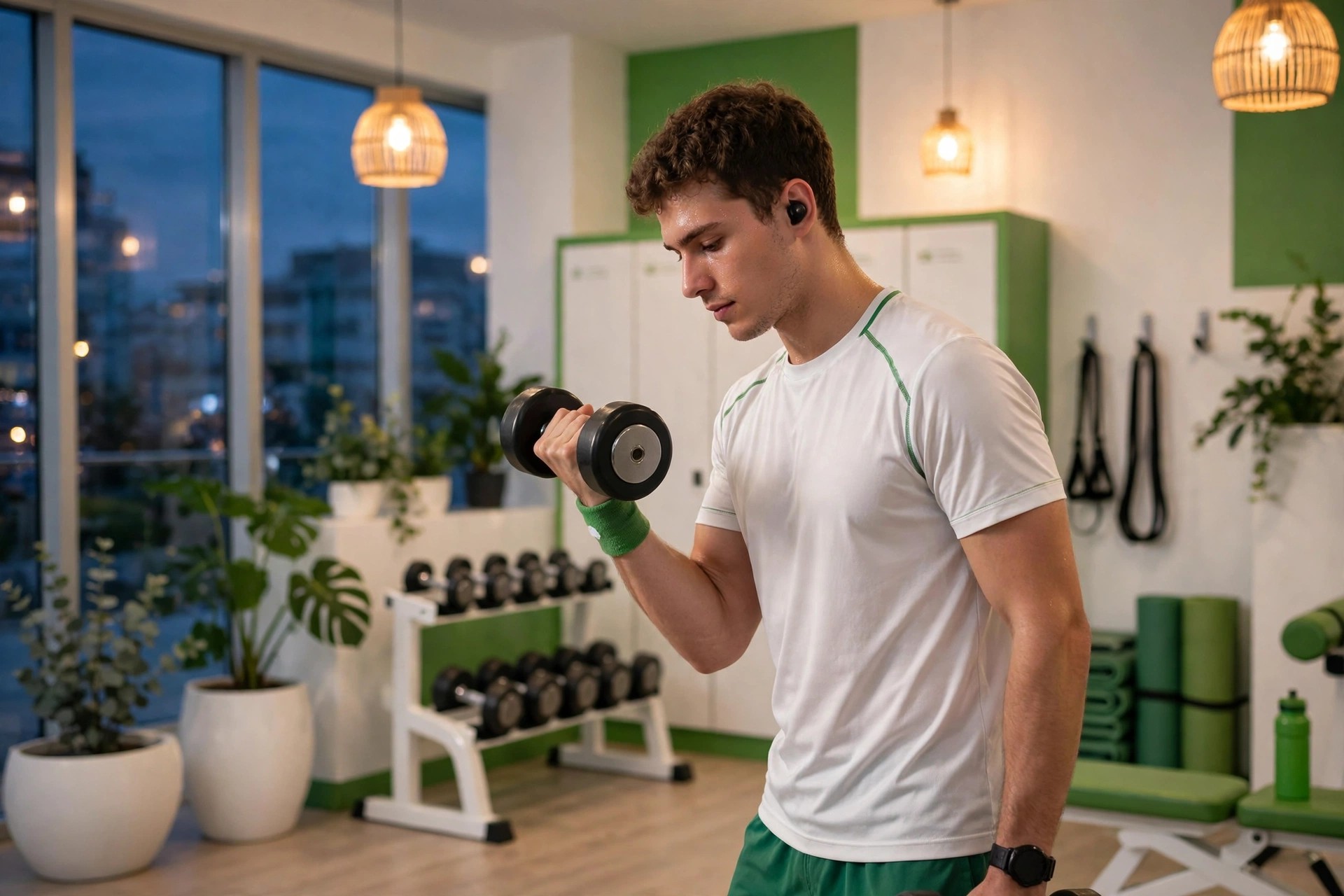 Una persona entrenando por la noche con mancuernas en un gimnasio luminoso y limpio, con una luz suave y cálida
