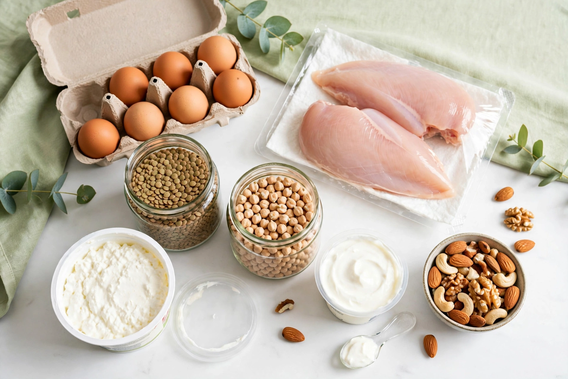 Courses riches en protéines sur un plan de travail blanc : œufs, blanc de poulet, yaourt grec, lentilles, pois chiches, cottage cheese et noix mélangées