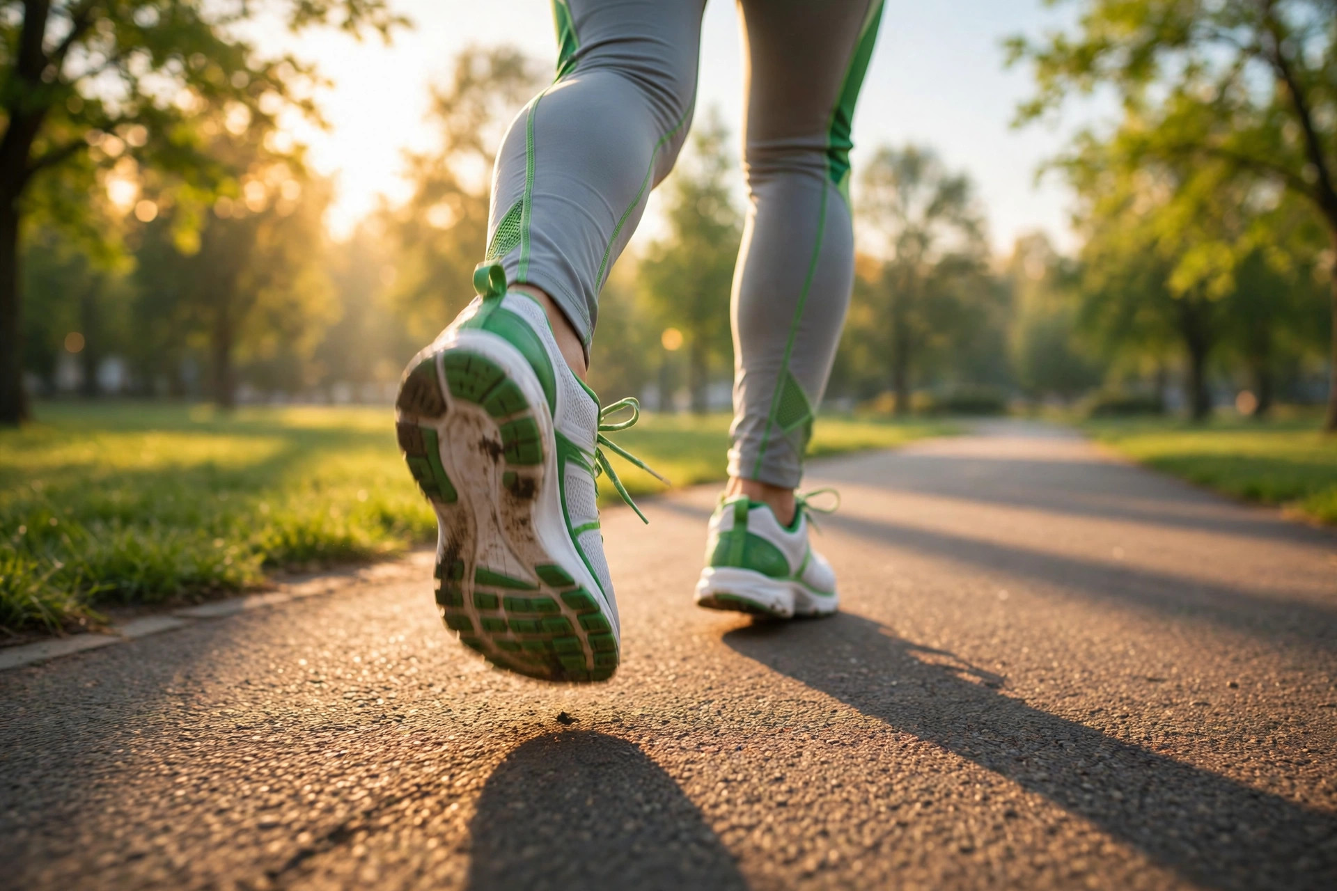 Athletic shoes mid-stride on a park walking path in morning light