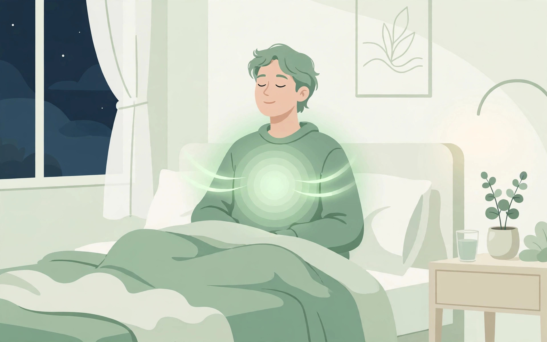 A relaxed person sitting in bed at night practicing calm deep breathing, soft green and white tones — bright minimal wellness illustration.