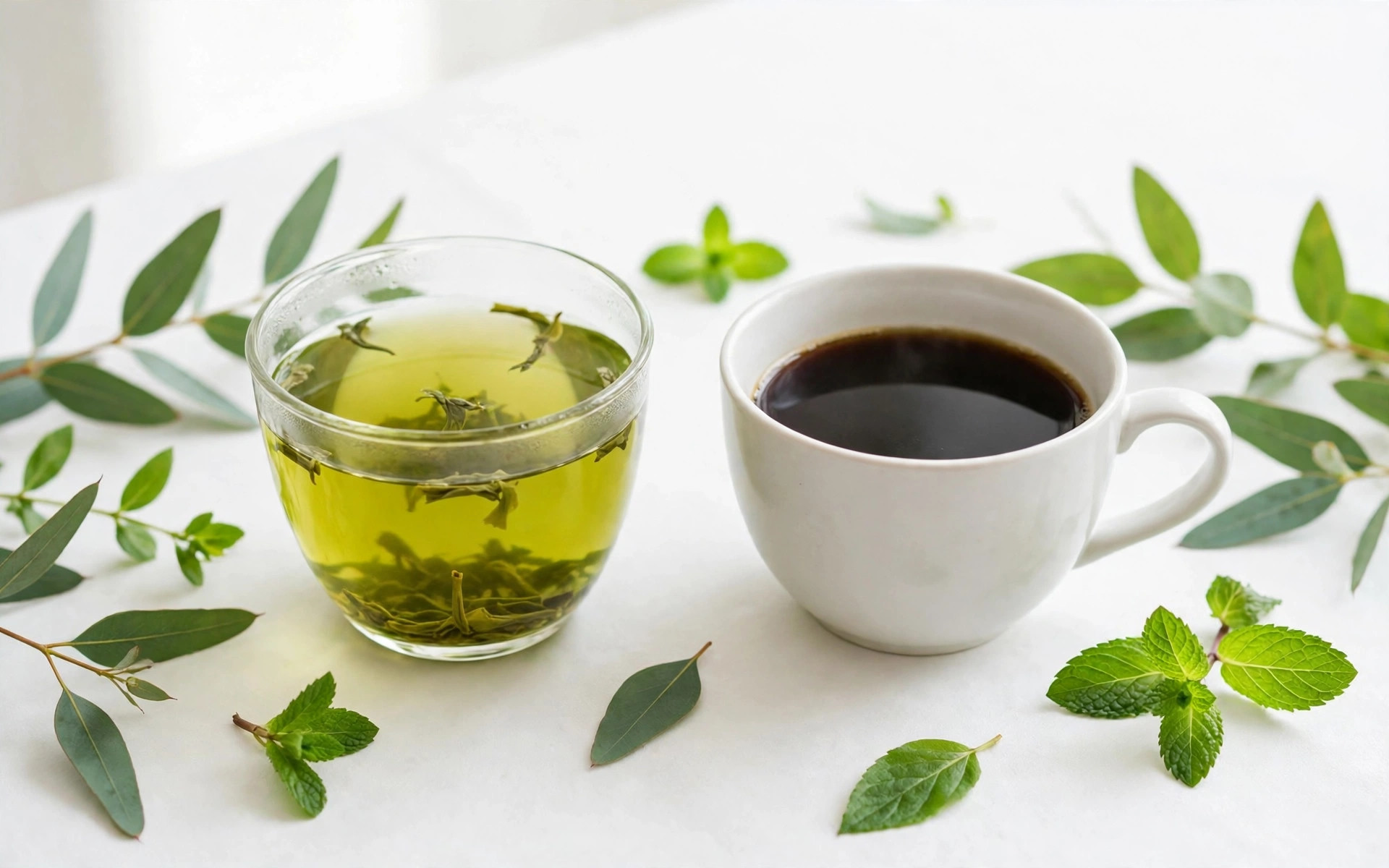Une tasse de thé vert et une tasse de café côte à côte sur une table