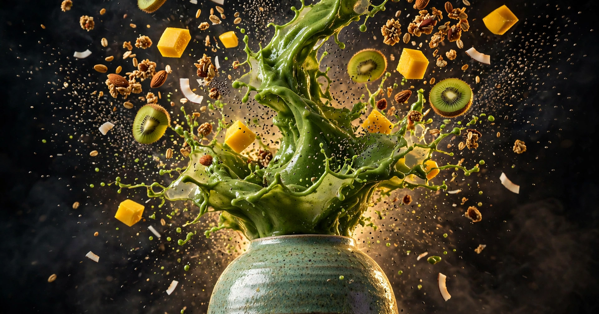 Explosive action shot of the finished green goddess smoothie bowl launching into the air, kiwi slices, granola and chia seeds flying around it, dark moody background