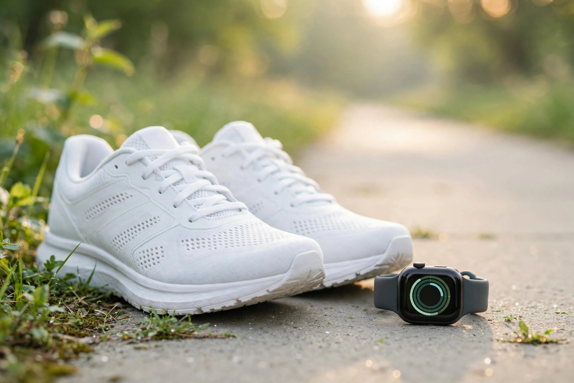 Person checking step count on fitness watch during a walk