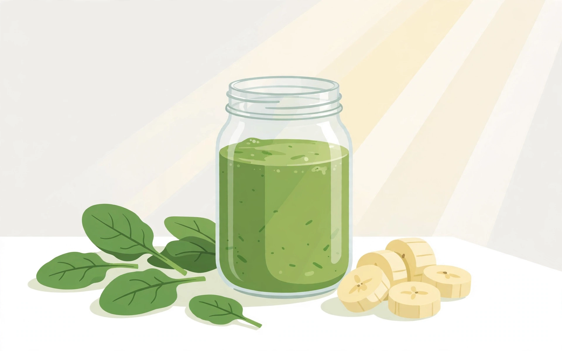 Green smoothie jar with spinach leaves and banana slices on a white table