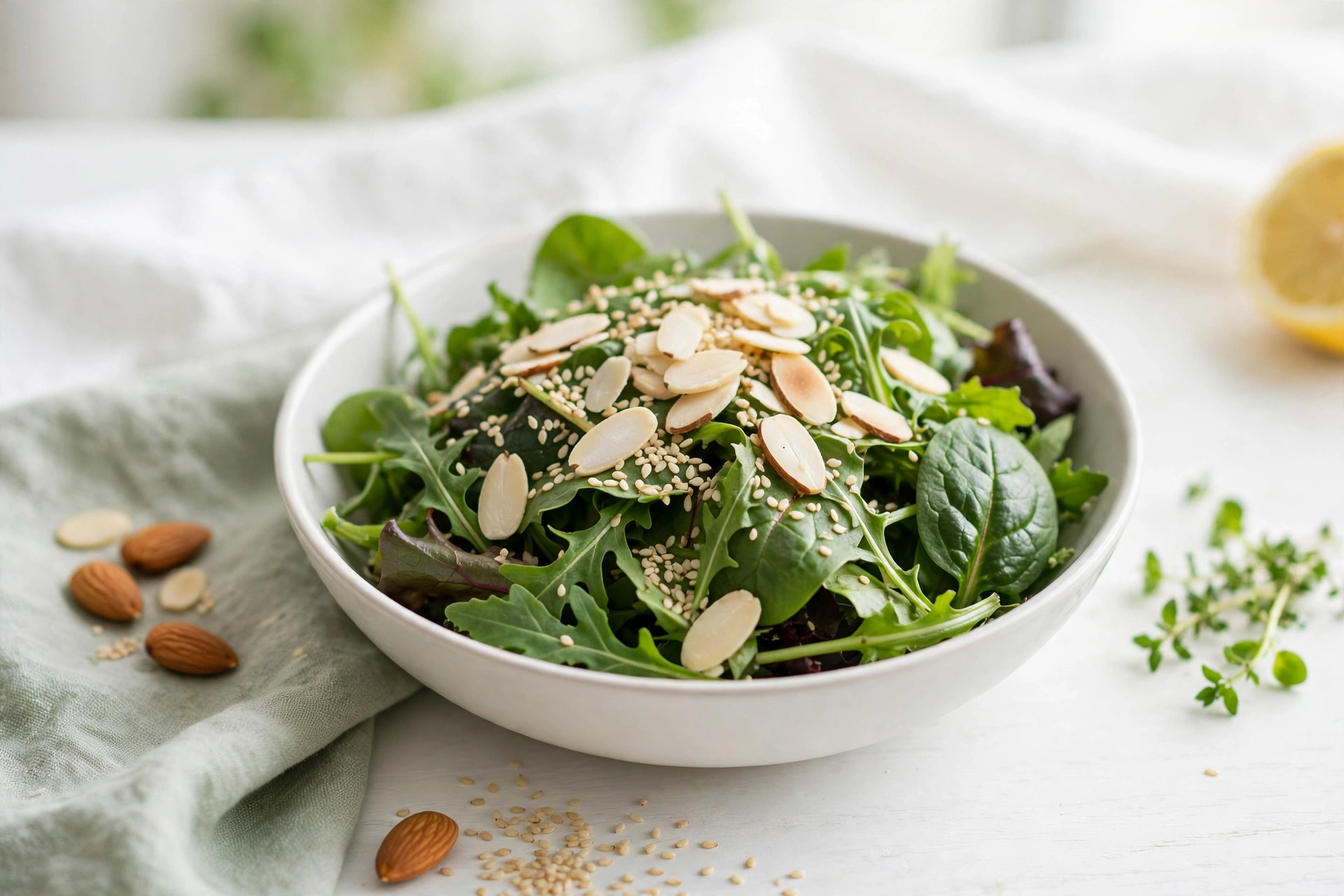 Bol de légumes verts avec des amandes et des graines de sésame