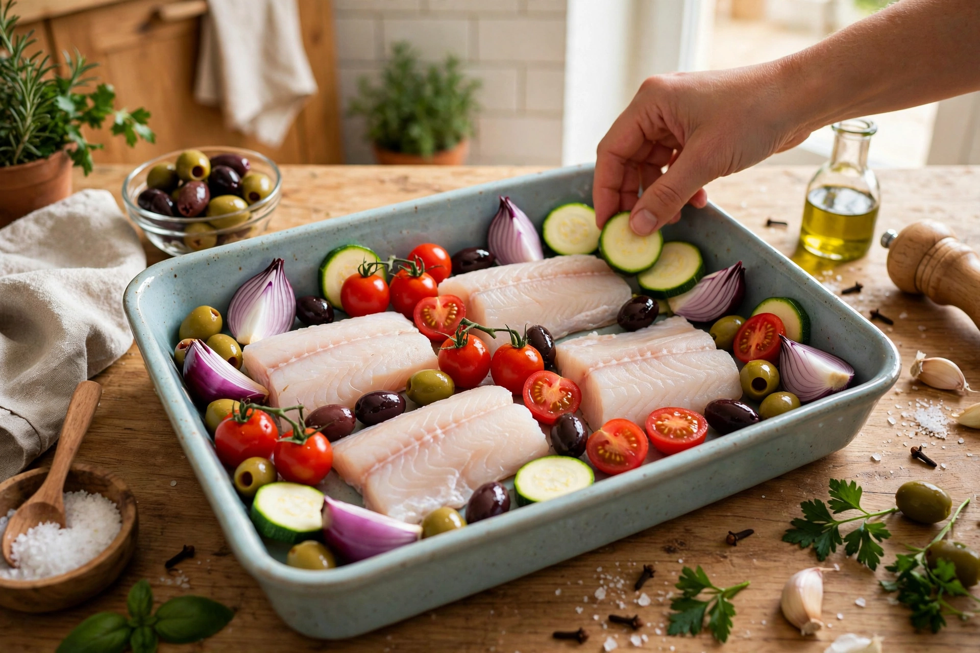 Step 1 — Baked Cod with Mediterranean Vegetables