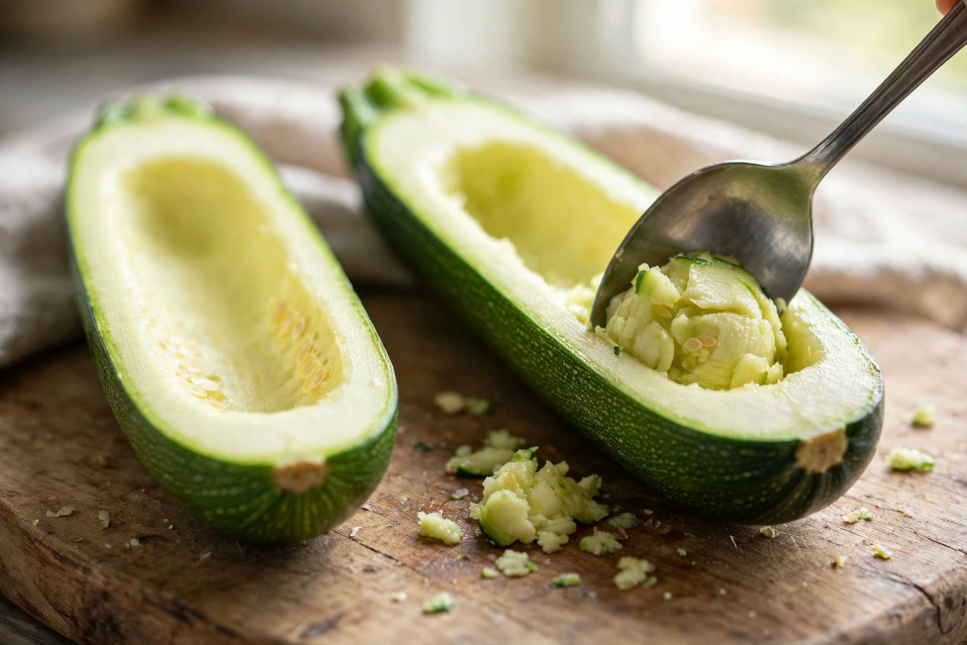 Step 1 — Light Buffalo Chicken Stuffed Zucchini Boats
