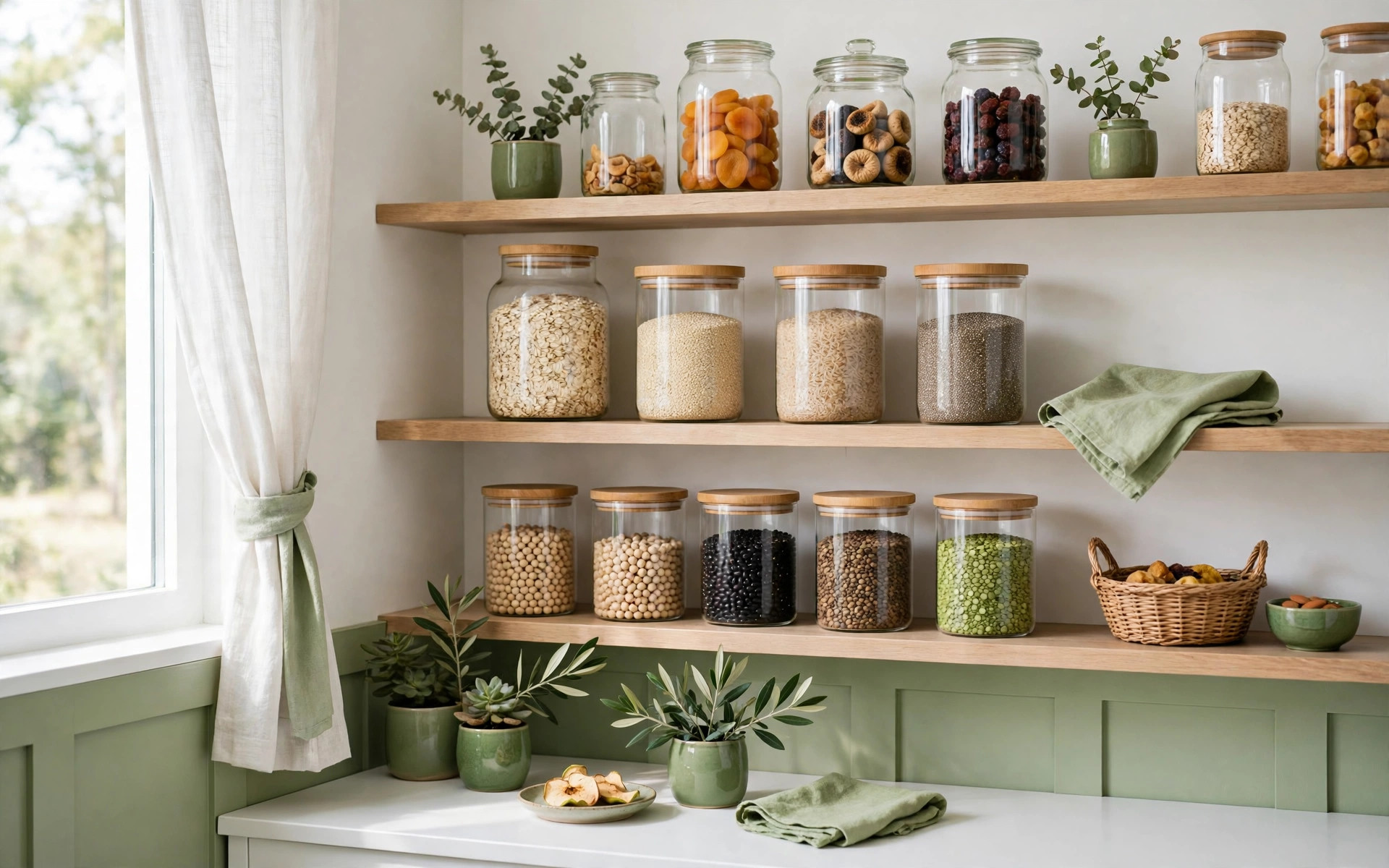 Étagères de garde-manger saines et bien organisées, garnies de bocaux en verre de céréales, de haricots et de fruits secs