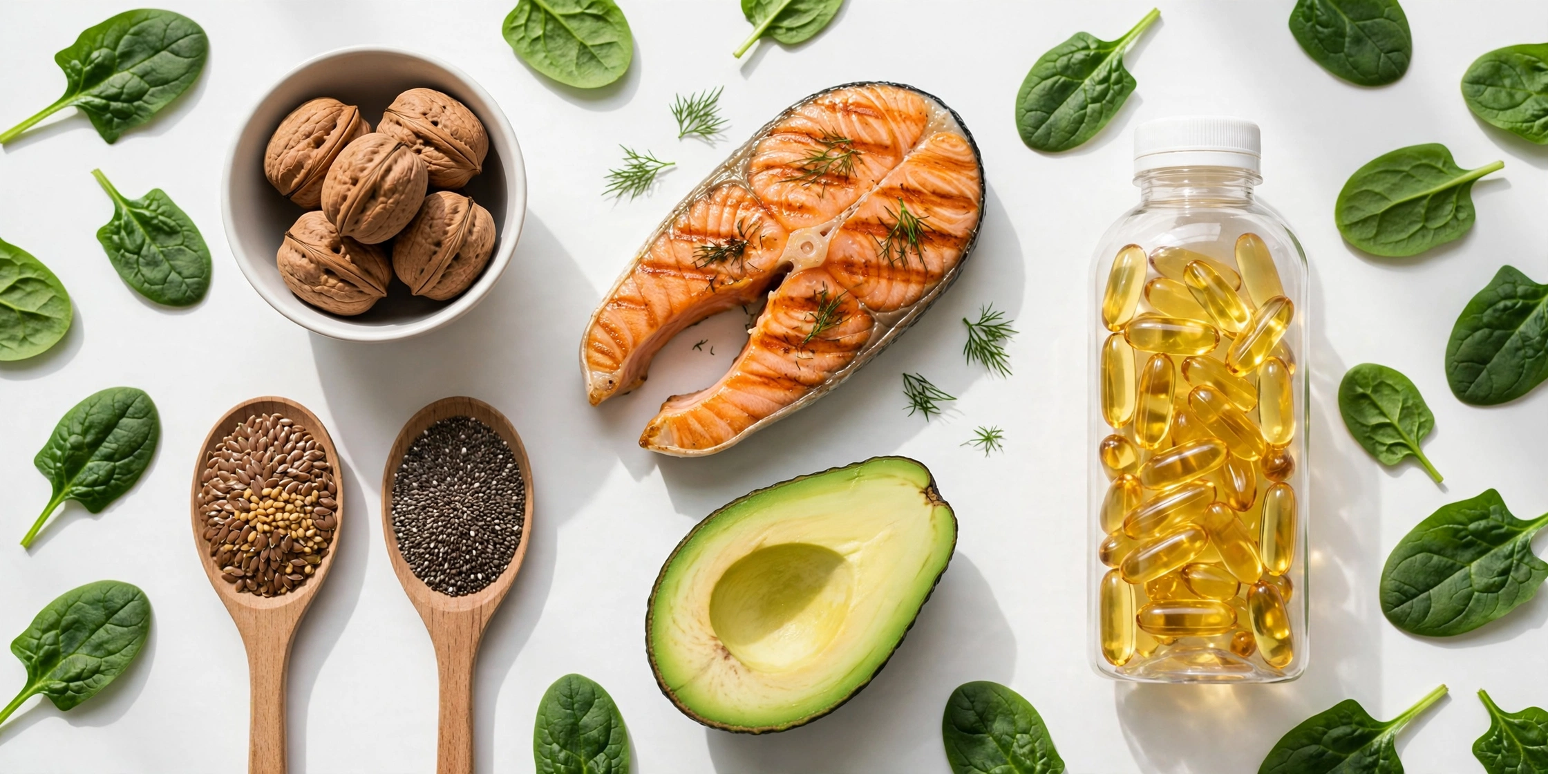 Flat-lay of omega-3 rich foods on a white background: a grilled salmon steak garnished with dill, a bowl of walnuts, wooden spoons of flaxseeds and chia seeds, half an avocado, a clear bottle of golden fish oil capsules, and scattered spinach leaves