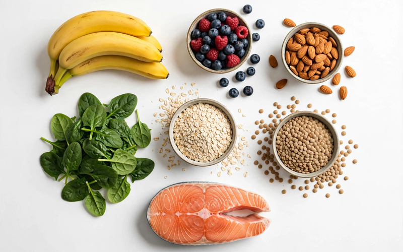 DASH-dieetboodschappen op een keukenblad: vers fruit, haver, linzen en zalmfilets