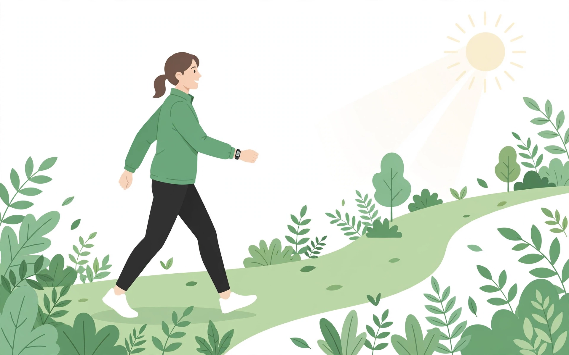 Person power-walking on a leafy green trail wearing a fitness tracker, bright daylight