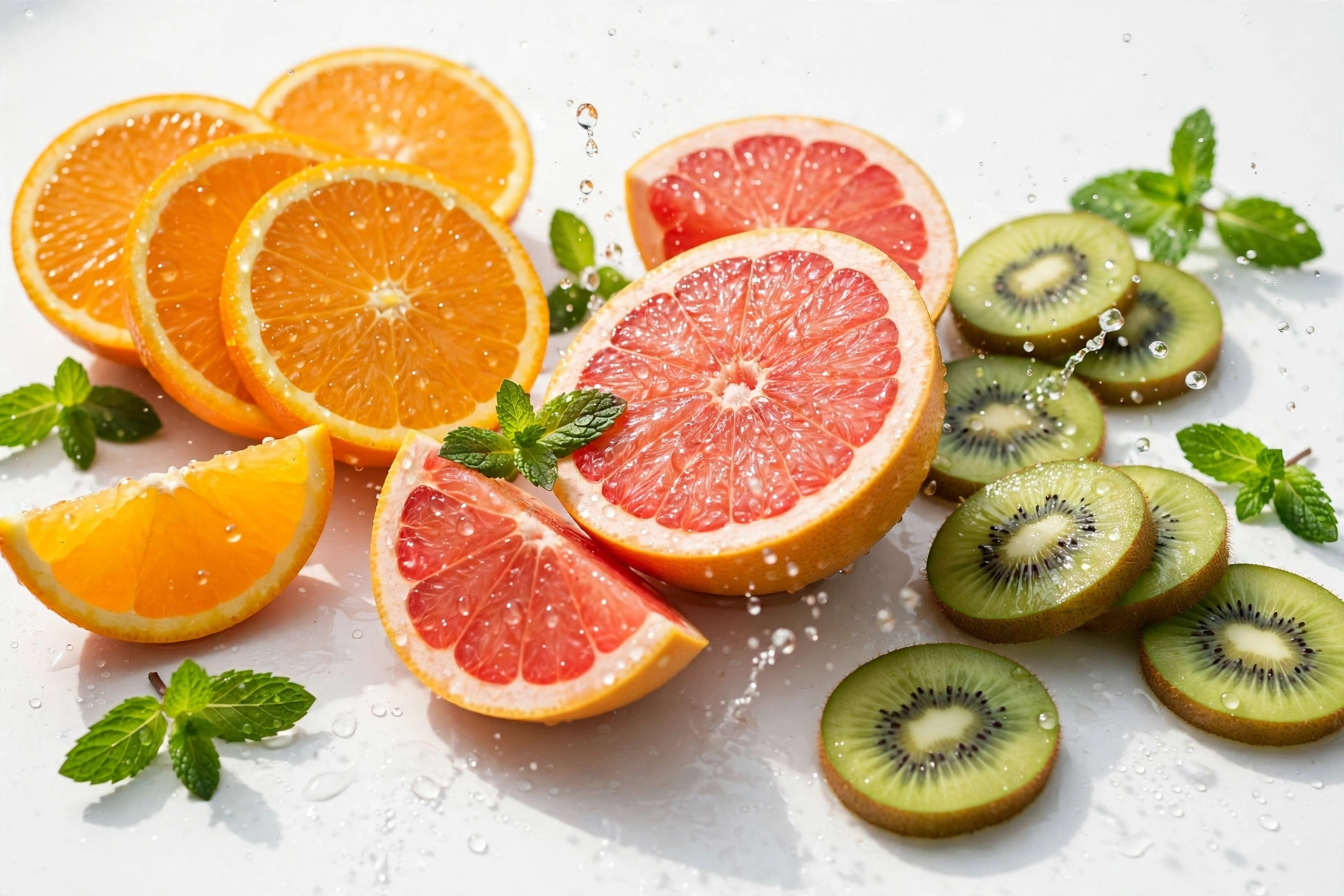 Fresh sliced oranges, grapefruit, and kiwi with water droplets