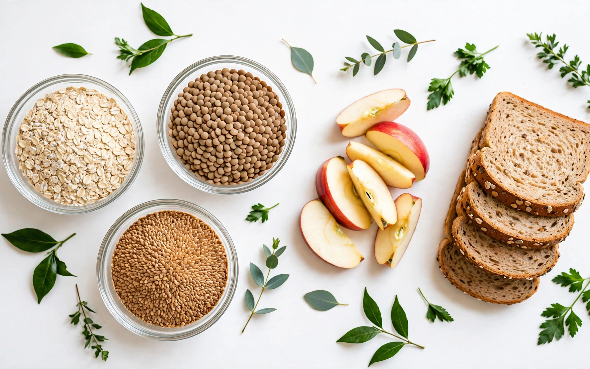 High-fiber foods - oats, lentils, flaxseeds, apples and whole grains
