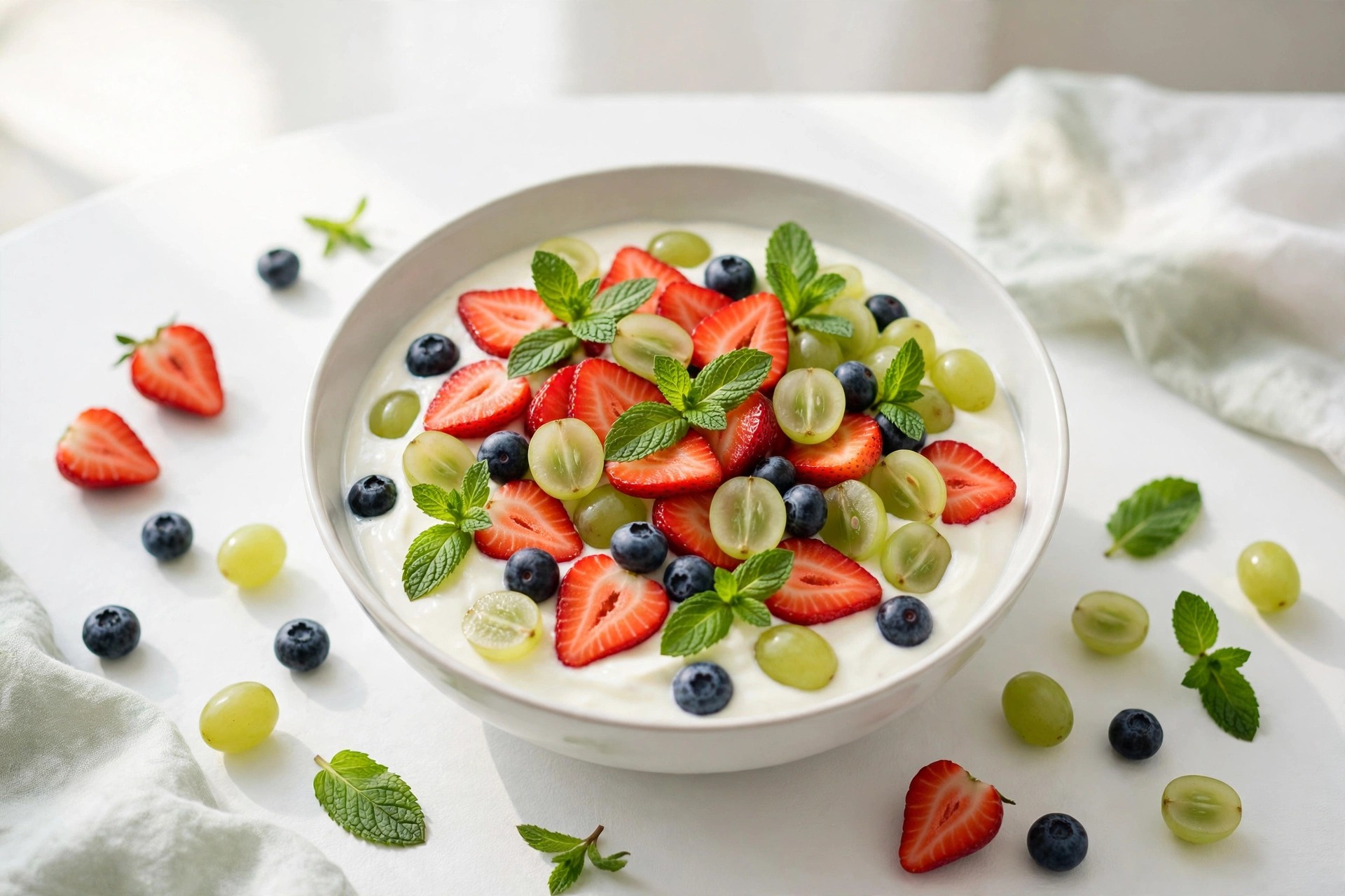 A bright, fresh bowl of mixed berries, sliced fruit and yoghurt with green leaves on a white table, a healthy alternative to sugary snacks.